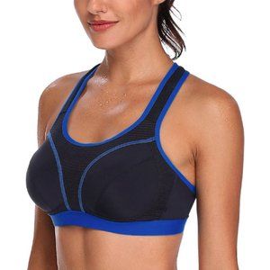 Private Label Sports Bra High Impact Racer Cut-Out Striped BLUE NEW ALL SIZES!